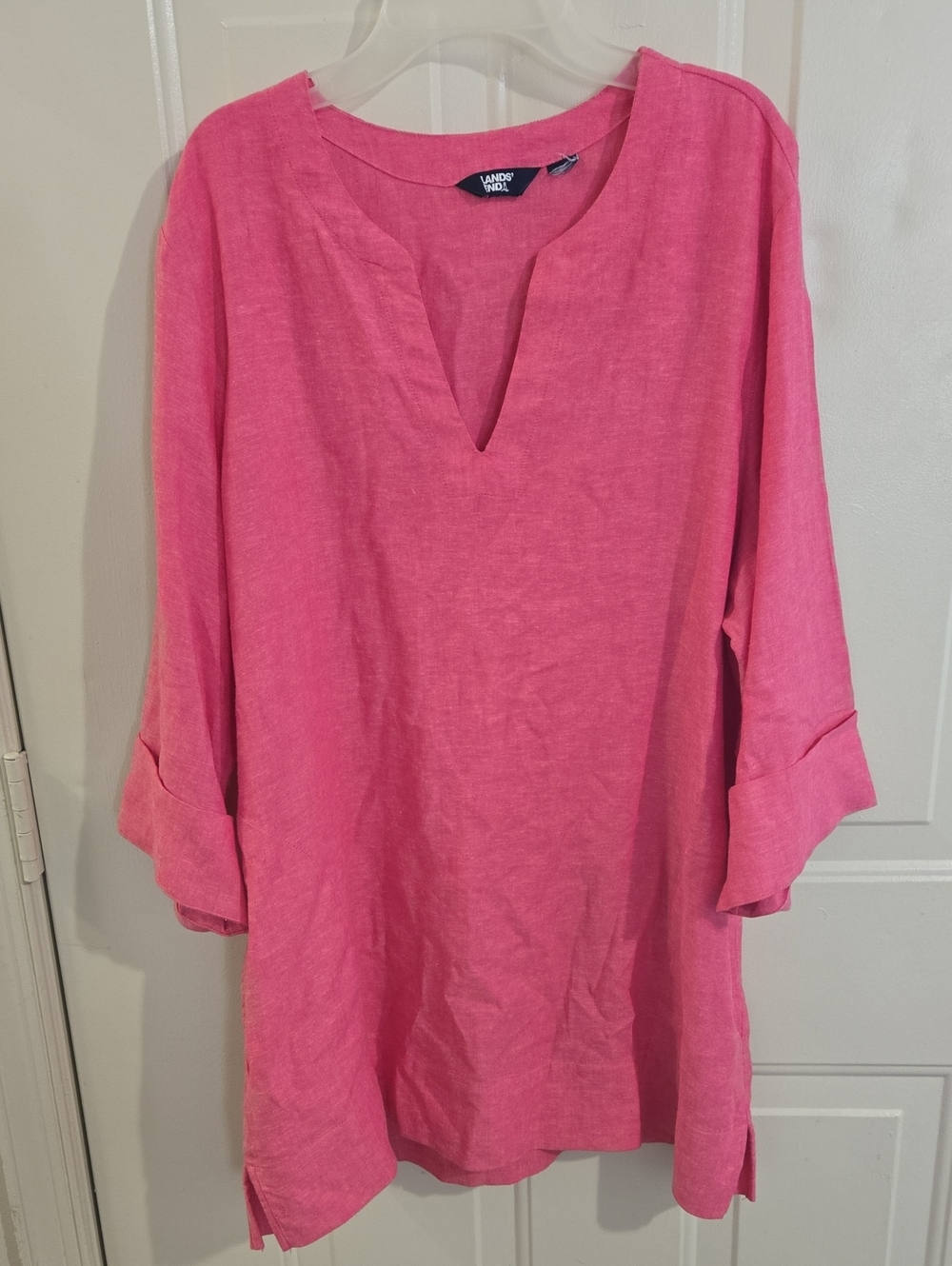 Lands' End Linen Blend Tunic Blouse Split Neck 3/4 Sleeves L Pink Pockets Artsy
